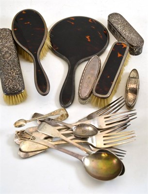 Lot 177 - A three piece tortoiseshell dressing table set and a quantity of silver flatware