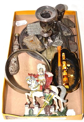 Lot 182 - Novelty owl vesta case, three others, chamberstick, magnifying glass, two lacquered pin trays,...