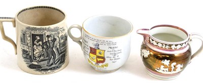 Lot 187 - A Staffordshire mug, a lustre jug and a farmer jug