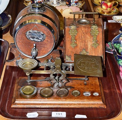 Lot 191 - An oak spirit barrel, a set of postal scales and a miniature oak purdonium