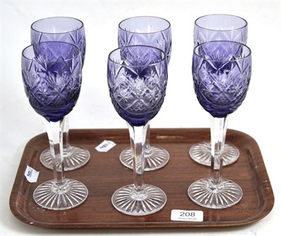 Lot 208 - Six amethyst coloured cut glass hock glasses