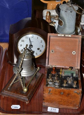 Lot 215 - Brass mounted miner's lamp, gong on stand with inscription, Bakelite Smiths clock and an instrument