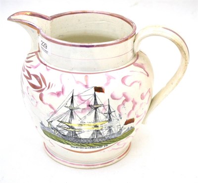 Lot 229 - A large Sunderland lustre jug with a printed view of a three mast ship ";Northumberland 74"