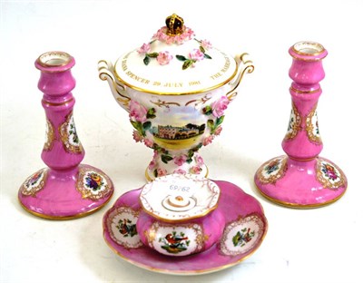 Lot 233 - A pair of Dresden pink candlesticks, an ink stand and a Coalport Charles & Diana vase