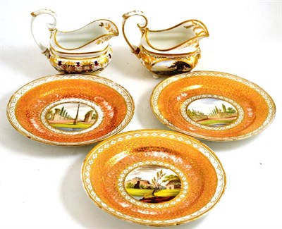 Lot 234 - Three early 19th century Coalport plates, a Derby jug painted with views and another