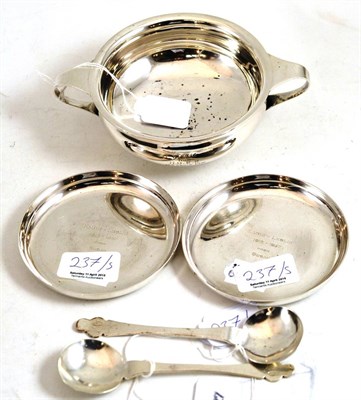 Lot 237 - Silver quaich, pair of plain bottle stands and a pair of jam spoons initialled 'M'