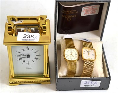 Lot 238 - A carriage clock, an Omega wristwatch and another watch (3)