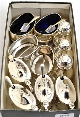 Lot 248 - Composite set of four silver mustard pots with spoons, four salts with spoons and three pepper pots