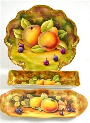 Lot 249 - A Coalport fruit painted pen tray, spoon dish and plate, signed A Goodwin, A Goodwin and D Miller