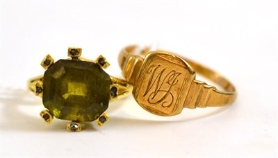 Lot 272 - A signet ring stamped '9CT' and a tourmaline set cluster ring stamped '18' (2)