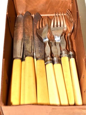 Lot 282 - A set of six silver fish knives and six plated forks