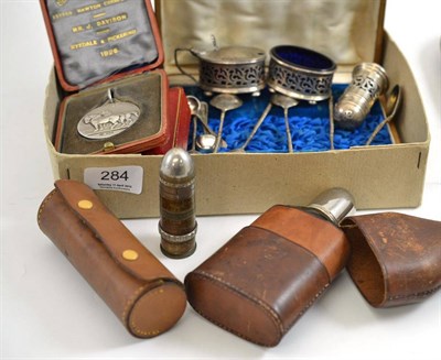 Lot 284 - A three piece cruet set, cased spoons, two silver shire horse medals etc