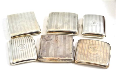 Lot 286 - Six Art Deco engine turned silver cigarette cases, each engraved with a monogram/initials/signature