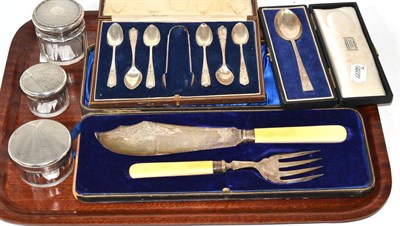 Lot 303 - Pair of silver fish servers, set of six teaspoons with tongs and a child's spoon all in fitted...