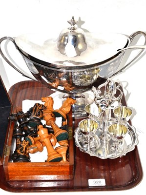 Lot 320 - A chess set (in locking box with key), an egg cruet and a plated soup tureen and ladle