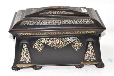 Lot 324 - A 19th century sarcophagus form tea caddy, profusely inlaid with fret pierced mother-of-pearl...