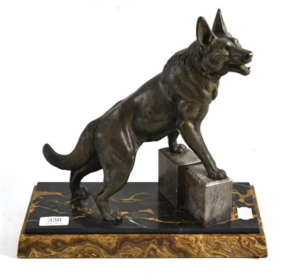 Lot 338 - After Louie Albert Carvin, spelter model of a German Shepard, on a marble and onyx base signed...