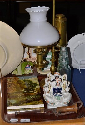 Lot 341 - A tray including a brass student's oil lamp, a pair of Minton tiles, a pair of Staffordshire...