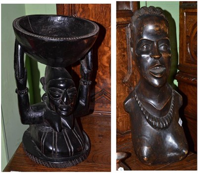 Lot 361 - African carved wood bust of a woman and another carved wood figural pedestal bowl