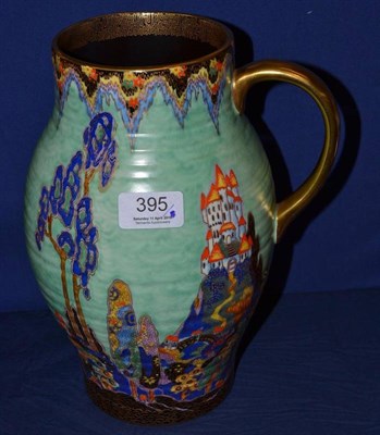 Lot 395 - An Art Deco Crown Devon Mattajade Fairy Castle pattern lotus jug, factory mark and 2406, 26cm