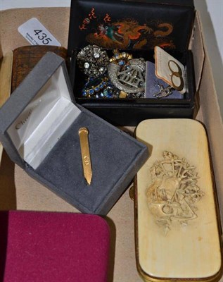 Lot 435 - 9ct gold earring, Christian Dior tie clip, costume jewellery, bottle vesta, snuff box, etc