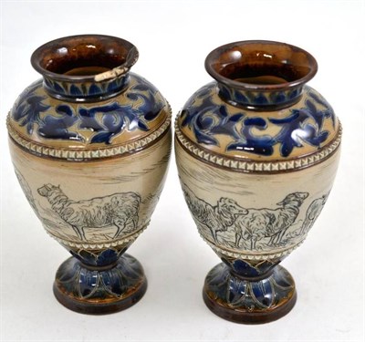 Lot 439 - A pair of Doulton Lambeth stoneware vases by Hannah Barlow, decorated with sheep and geese