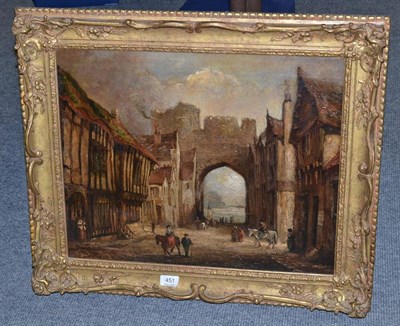 Lot 451 - G* Mayer (19th century) Figures before a Medieval town gate, signed and dated 1888, oil on canvas