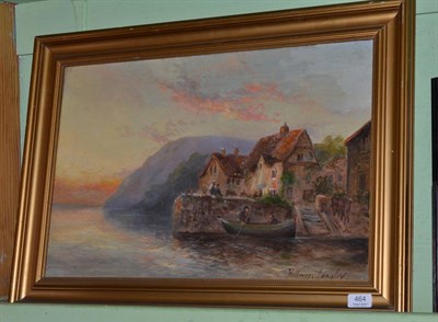 Lot 464 - William Langley, coastal scene with cottage and figures in a boat, oil on canvas