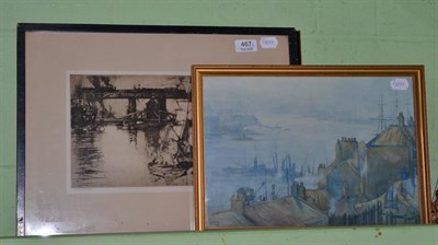 Lot 467 - Watercolour, North East coastal scene, Tynemouth engraving; and a Frank Mason etching