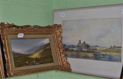 Lot 468 - Watercolour landscape with Cathedral (? ely??) and an oil Highland landscape