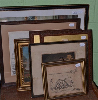 Lot 474 - Two late Victorian frames of small watercolours, Georgian gouache landscape with cattle in gilt...