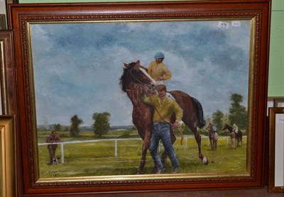 Lot 476 - J E R Godderidge, Jockeys being led up the start, signed and dated 1984, oil on board