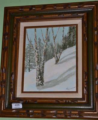 Lot 488 - Harry Swanson (Contemporary) American, snow scene with trees, signed, oil on canvas