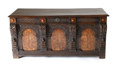 Lot 825 - A 17th Century Joined Oak and Marquetry Inlaid Chest, probably Leeds area, the carved frieze...