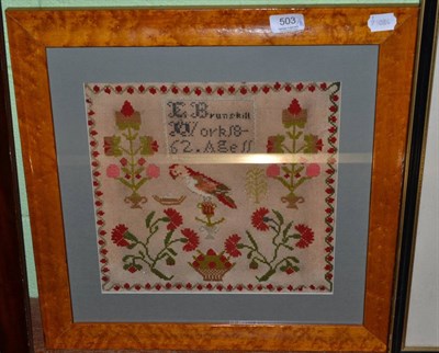 Lot 503 - Framed sampler worked by E Brunskill, 1862, Age 11