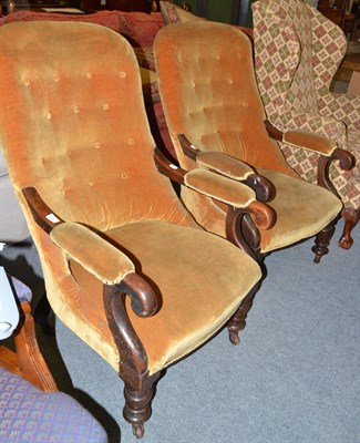 Lot 578 - Victorian mahogany framed open armchair with velvet upholstery and another similar