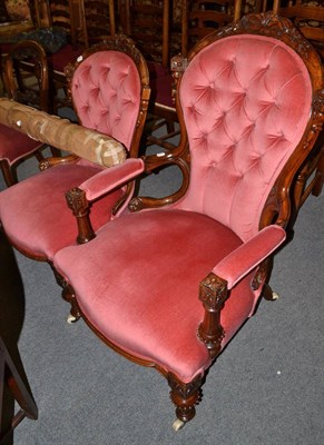 Lot 583 - Victorian gentleman's armchair, Victorian lady's armchair and a roll of pink velvet