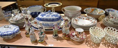 Lot 686 - A quantity of 19th century and later ceramics including Jedburgh Abbey tazza, Willow meat dish,...