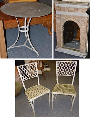 Lot 695 - 19th century white painted iron table with later slate top, pair of metal chairs and a...