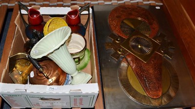 Lot 704 - Edwardian occasional table, pair of glazed ewers, Marley horse, metal ware picture etc