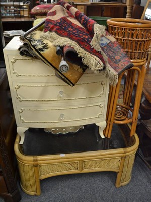 Lot 713 - Three walking sticks, a wall hanging, a jardiniere stand, coffee table, chest of drawers, rug, etc