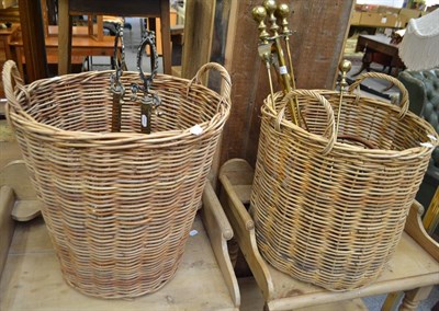 Lot 725 - A wicker log basket, assorted companion sets etc