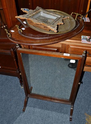 Lot 729 - Two Edwardian mahogany galleried trays, brass dish, Palestinian mother-of-pearl Nativity, Victorian