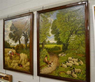 Lot 736 - Pair of large oil paintings harvest/shepherd