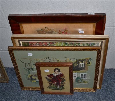 Lot 737 - A mid-19th century woolwork picture, a small woolwork picture and two modern woolwork pictures