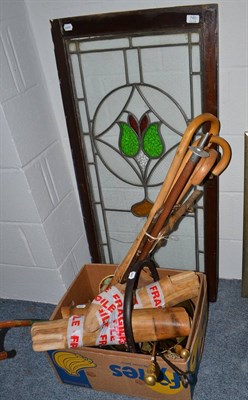 Lot 740 - Pair of shoe trees, brassware, leaded glass panel, walking sticks, china and glass