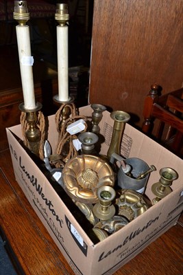 Lot 741 - Metalware comprising a pair of Georgian candlesticks as lamps, five other brass candlesticks,...