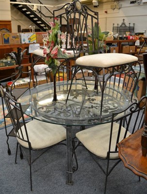 Lot 742 - A glass top dining table, pair of console shelves and six chairs