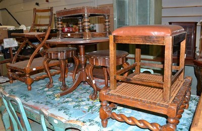 Lot 757 - Pair of plant stands, four stools, tripod tables, book trough etc