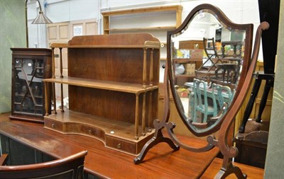 Lot 762 - Inlaid toilet mirror, small glazed corner cupboard and a wall shelf with drawers